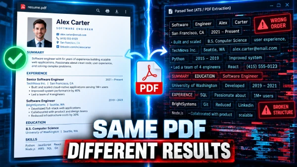 A readable PDF resume compared with a scrambled text extraction